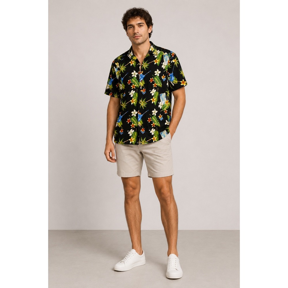 Pineapple Moon XL Mens Hawaiian Shirt Black Rayon‎ Tropical Palm Floral Cocktail
